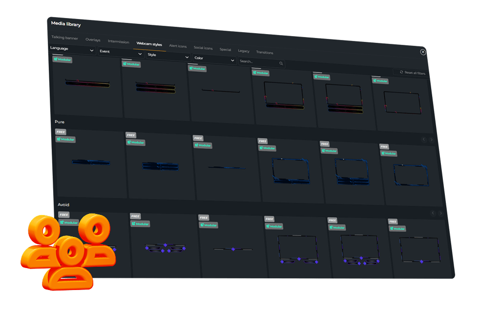 Overview of different webcam overlay styles for livestream setups.