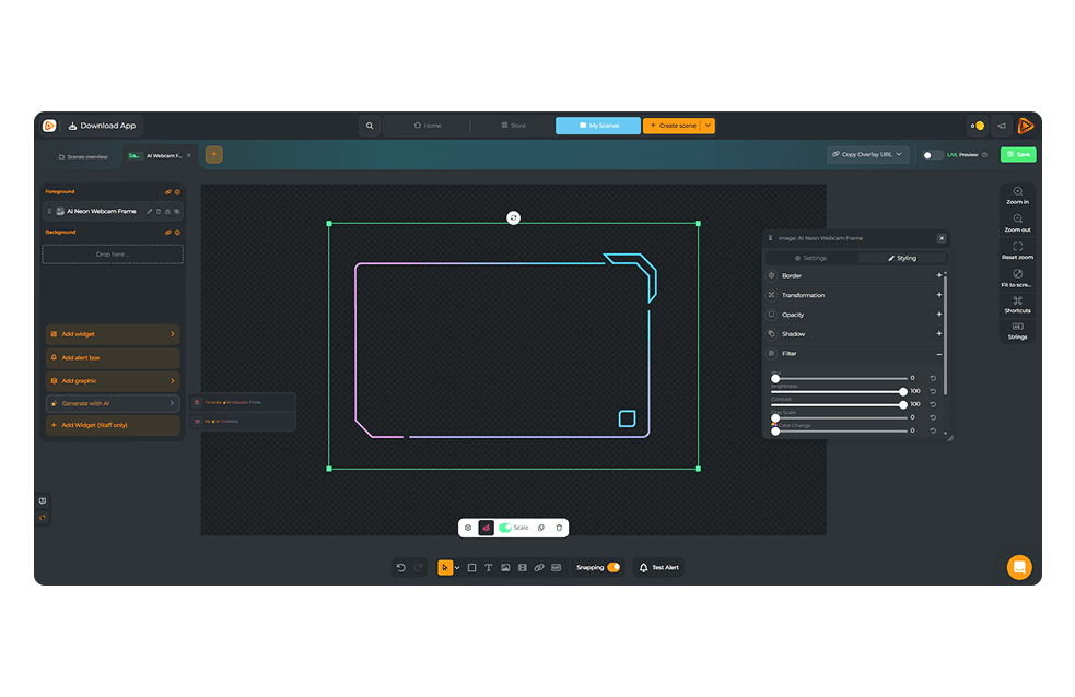Neon-style webcam frame being edited in livestream overlay tool.